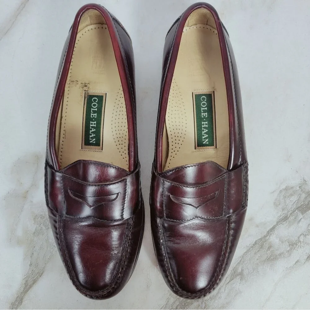Cole Haan Men's Pinch Burgundy Leather Slip On Penny Loafers, Sz 10